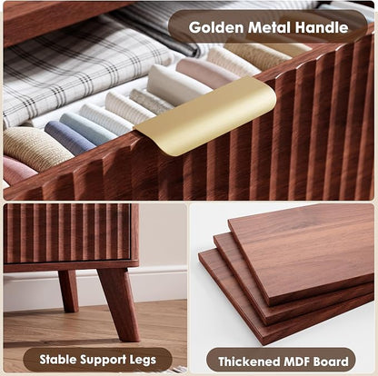GarveeHome Fluted Dresser for Bedroom with 5 Deep Drawers, 47.2 in Tall Chest of Drawers, Curved Profile Design, Modern Wooden Dresser, for Living Room, Kids Room, Hallway, Walnut