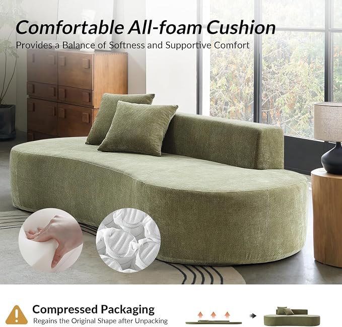 94.5" Boneless Sofa with 2 Pillows, 3 Seater Compressed Foam Sofa with Half Moon Design & Deep Seat, No Assembly Required, Modern Cloud Couch for Living Room, Olive