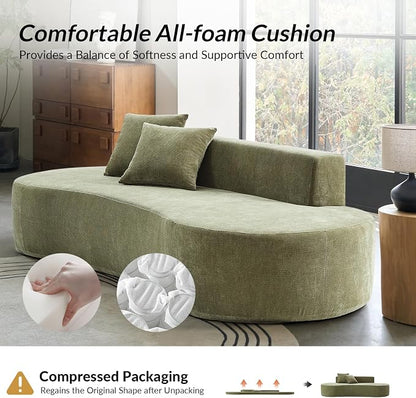 94.5" Boneless Sofa with 2 Pillows, 3 Seater Compressed Foam Sofa with Half Moon Design & Deep Seat, No Assembly Required, Modern Cloud Couch for Living Room, Olive