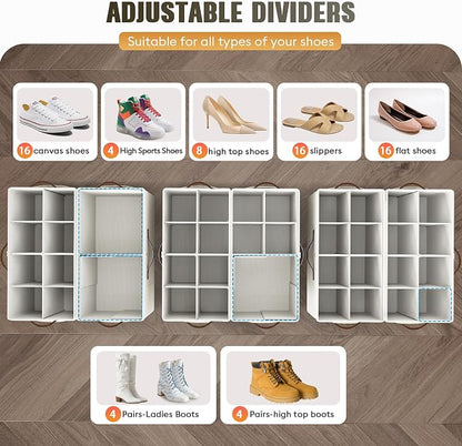 Budding Joy 2 Pack Shoe Organizer for Closet, Clear Foldable Shoe Storage Containers Adjustable Dividers Fits 16 Pairs,Shoe Storage Bins Baskets Boxes with Reinforced Handles Beige | Farbic shoe storage organizer box bin with clear cover, fits up to 16...