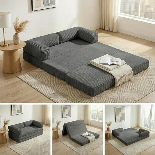 Convertible Sofa Bed Full,5-in-1 Folding Boneless Couch Corduroy Futon Sofa Bed,Tri-Fold Mattress with Removable Armrests & Handle,Sleeper with Pull Out Bed for Small Space Bedroom Grey