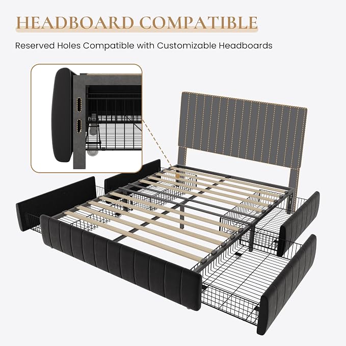 SHA CERLIN Full Size Velvet Upholstered Platform Bed Frame with 4 Storage Drawers, Vertical Channel Tufted, Low Profile, Fits Standard Headboards, Wooden Slats Support, Easy Assembly, Black