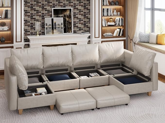 EASE MOOSE Modular Sofa with Storage, Faux Leather Sectional Sofa U Shaped Sectional Couches for Living Room, Whitesand