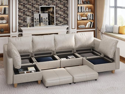EASE MOOSE Modular Sofa with Storage, Faux Leather Sectional Sofa U Shaped Sectional Couches for Living Room, Whitesand