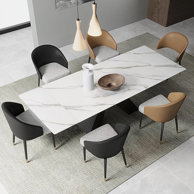 Modern Telescoping Dining Table for 8-10 People, 63-94.5 Inch Retractable White Simulated Marble Tabletop Thick Carbon Steel Base for Dining Room Kitchen Family Party