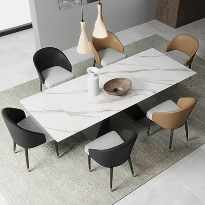 Modern Telescoping Dining Table for 8-10 People, 63-94.5 Inch Retractable White Simulated Marble Tabletop Thick Carbon Steel Base for Dining Room Kitchen Family Party