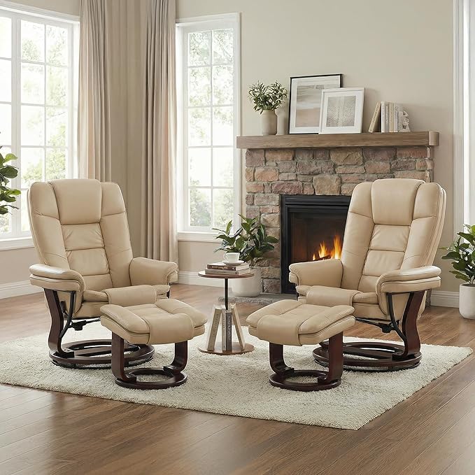 Swivel Recliner Chair with Ottoman Reclining Lounge Sofa Footrest, Set of 2 | 360°Sturdy Wood Base, Soft PU Leather, Upholstered Ultra-Plush Foam, Modern Armchair, Living Room Bedroom Office Reading Home