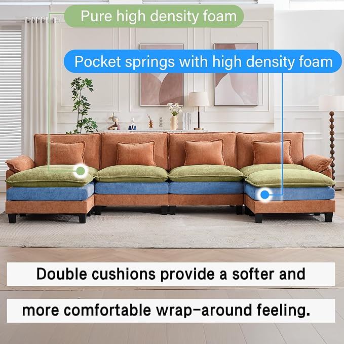 Oprisen 154" Modular Sectional Sofa, Comfy Cloud Couch Sectional Sofa with Ottoman, Chenille Sofa Sleeper Deep Seat Sofa with Throw Pillows for Living Room (Orange, 154"- U Shape)