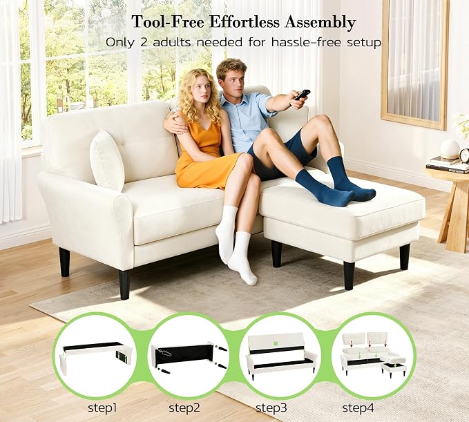 Kidirect Small Sectional Couch, 69" L Shaped Couch, Sectional Sofa, White | Comfy Velvet Couch, Tool-Free Setup, 750lb Max Load, Movable Ottoman, Ideal for Living Room, Bedroom, Apartment, Office