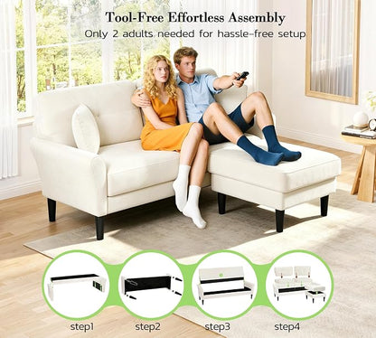 Kidirect Small Sectional Couch, 69" L Shaped Couch, Sectional Sofa, White | Comfy Velvet Couch, Tool-Free Setup, 750lb Max Load, Movable Ottoman, Ideal for Living Room, Bedroom, Apartment, Office
