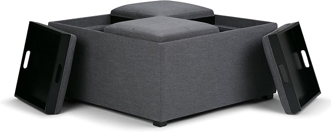 SIMPLIHOME Avalon Wide Contemporary Square Coffee Table Storage Ottoman, Slate Grey, Table Ottoman