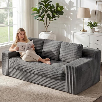 Boneless Couch, Cloud Loveseat Sofa Corduroy Couch in a Box, Upholstered Boneless 3 Seater Couch for Living Room Bedroom Office Apartment, No Assembly Required, Grey