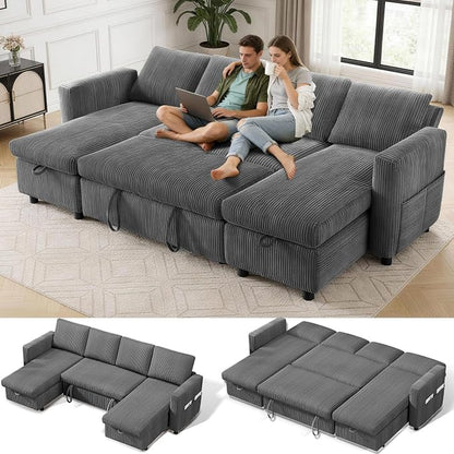 WEUP 106" U Shaped Sectional Sleeper Sofa Bed with Pull Out Bed, Sectional Sleeper Couch Pull Out Couch with Reclining Backrest/Reversible Storage Chaise/USB Ports/Tool-Free Assembly, Corduroy Grey