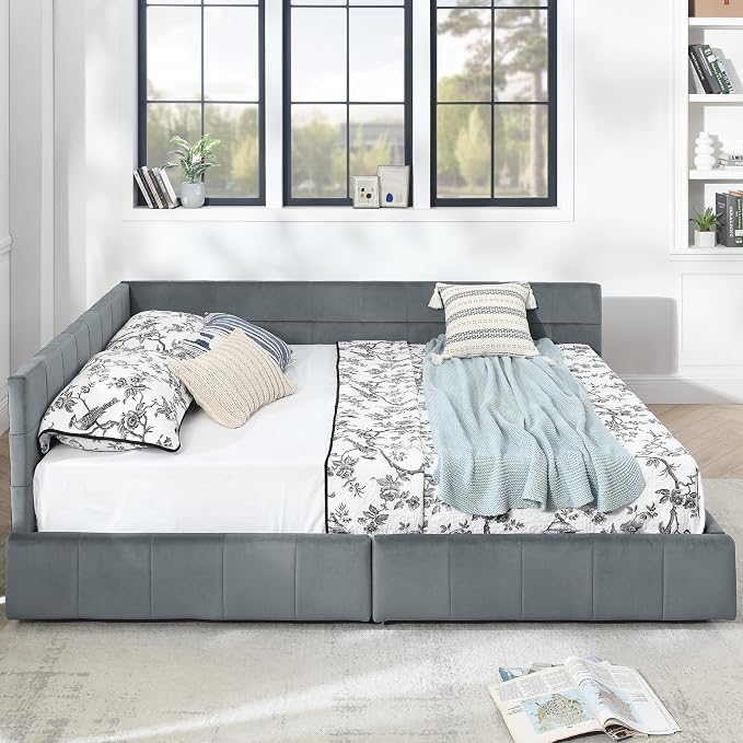 Bellemave Queen Size Corner Bed Frame with Storage Drawers, Comfortable Backrest and Armrests, Velvet Tufted Corner Bed Frame Queen Size, Upholstered Daybed for Bedroom, Living Room, Guest Room, Gary