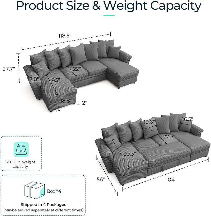 LINSY HOME Oversized Sectional Sleeper Sofa with Pull Out Couch Bed (Gray, 118.5'') | USB Charging