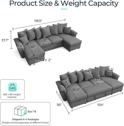 LINSY HOME Oversized Sectional Sleeper Sofa with Pull Out Couch Bed (Gray, 118.5'') | USB Charging