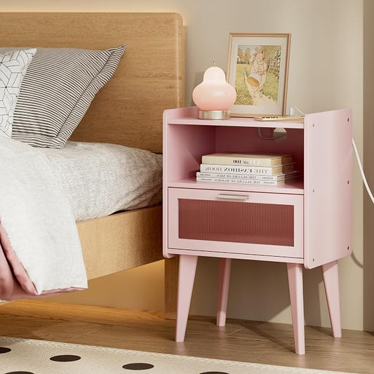 MMEOLUOOK Nightstand with Charging Station, Bedside Tables Pink End Table Side Table with 2 Tiers Storage Space, for Bedroom Living Room MLBZ07PE