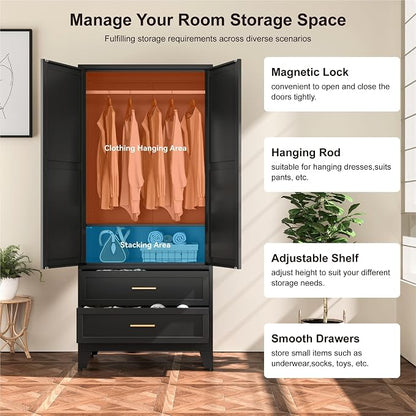 YAUWOH Farmhouse Wardrobe Cabinet with 2 Drawers,Metal Wardrobe Closet with Hanging Rod,Metal Armoire with Adjustable Shelves for Bedroom, Cloak Room,Office (Blakc)