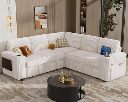 WEUP 86" Modular Sectional Sleeper Sofa with Pull Out Bed, 5 Seat Plush Corduroy L Shaped Couch with USB Ports|Cup Holders|Side Table|Storage Seat Armrests, Tool Free Assembly, Beige
