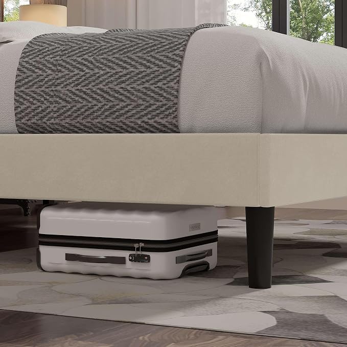 VECELO Full Size Bed Frame with Upholstered Headboard, Velvet Platform Bedframe Mattress Foundation, Strong Wood Slat Support, No Box Spring Needed,Bone Beige