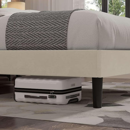 VECELO Full Size Bed Frame with Upholstered Headboard, Velvet Platform Bedframe Mattress Foundation, Strong Wood Slat Support, No Box Spring Needed,Bone Beige