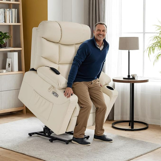 MCombo Power Lift Recliner Chair for Elderly, Electric Lift Chair with Extended Footrest, USB Ports, Cup Holders, Faux Leather 7287 (Cream White, Medium)