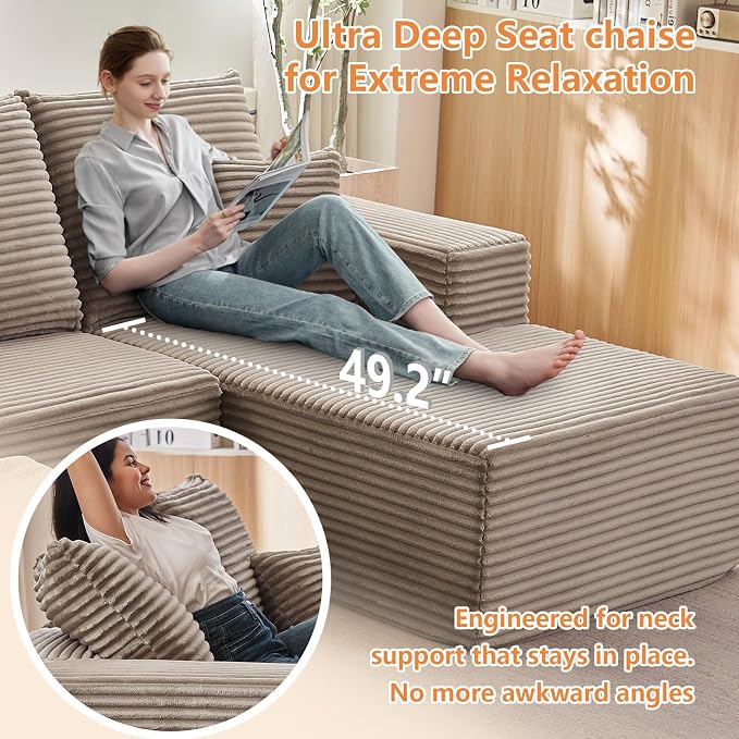96" Modular Sectional Sofa, Modern Corduroy Cloud Couch with Deep Seat, Boneless Couch Upholstered 3-Seater L-Shaped Sofa for Living Room, No Assembly Required (Camel, Right-Facing Chaise)