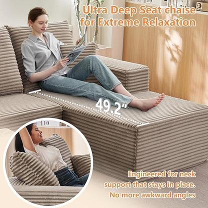 96" Modular Sectional Sofa, Modern Corduroy Cloud Couch with Deep Seat, Boneless Couch Upholstered 3-Seater L-Shaped Sofa for Living Room, No Assembly Required (Camel, Right-Facing Chaise)
