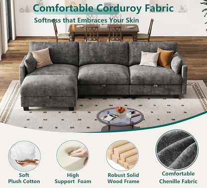 Modular Sectional L Shaped Sofa Couches for Living Room, Cloud Couch with Storage Ottoman, Comfy Chenille Sofa with Pillow, Dark Gray