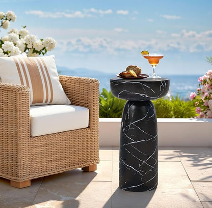 Marble Side Table, 24" Modern Faux Stone Accent Coffee Table | Durable Faux Marble Look Table for Small Spaces. Modern Pedestal Drink Table for Living room, Patio or Balcony.