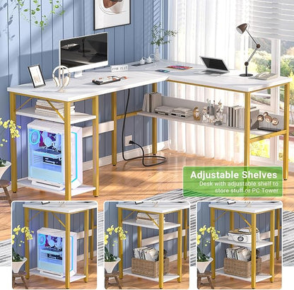 Unikito Reversible L Shaped Desk with Magic Power Outlets and USB Charging Ports, Sturdy Corner Computer Desk with Storage Shelves, Gaming Table Home Office Desk, Easy to Assemble, White and Gold
