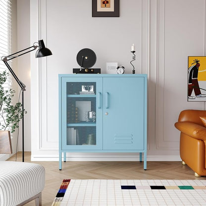 Recessed Double Adjustable Shoe Cabinet with Lock Steel Storage Cabinet for Foyer Living Room Bathroom Kitchen Blue Size：33" H x 29.5" W x 13.8" D