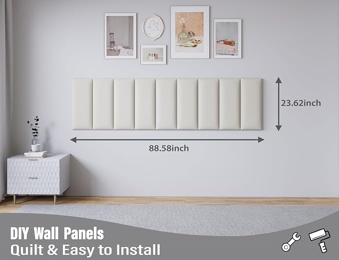 Peel and Stick Upholstered Wall Mounted Headboard Queen Size, 9 Panels 3D Soundproof Leather Headboard,Wall Mounted Headboards,Reusable and Removable Wall Panels, 10"x24" White