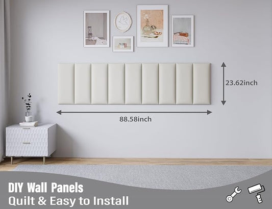 Peel and Stick Upholstered Wall Mounted Headboard Queen Size, 9 Panels 3D Soundproof Leather Headboard,Wall Mounted Headboards,Reusable and Removable Wall Panels, 10"x24" White