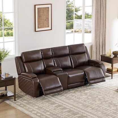 Watson & Whitely Genuine Leather Power Recliner Sofa with Console, 3 Seater Zero Gravity Reclining Sofa with Power Headrest & Flip Middle Backrest Table, Cup Holders for Living Room, Dark Brown
