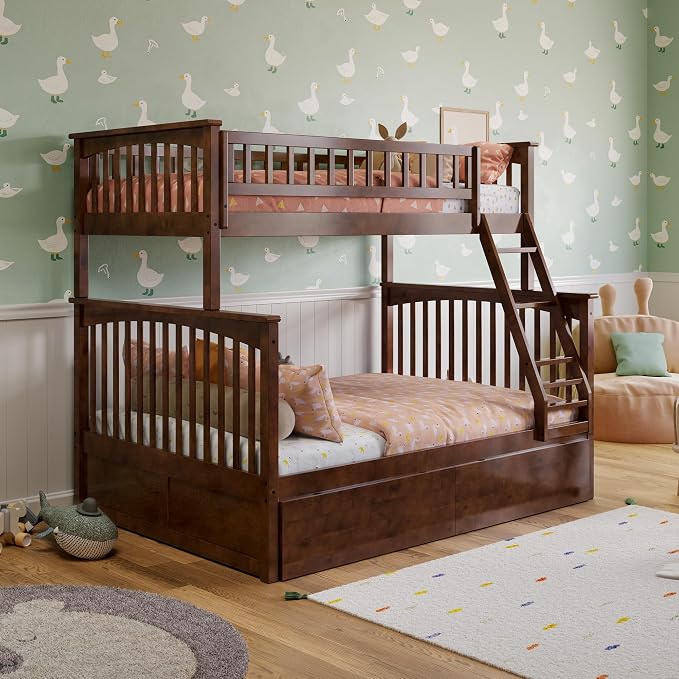 AFI, Columbia Twin Over Full Ladder Bunk Bed with Storage Drawers, Walnut