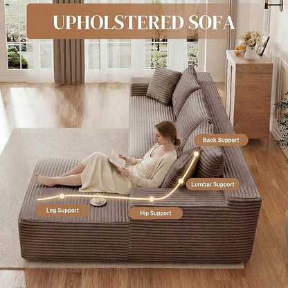 95" L Shaped Cloud Boneless Sectional Couches for Living Room, Modern Comfy Modular Deep Seat Memory Foam Compressed Corduroy Sofa Oversized Right Facing Chaise, No Assembly Required, Brown