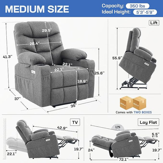 Tami Tami Dual Motor Power Lift Chair Recliner for Elderly with Massage and Heat, Infinite Position Electric Lift Recliner with USB A&C, Cup Holders (T6012 - Linen Fabric, Gray, Medium)