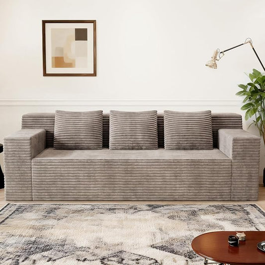 Kurhwyss 71" Corduroy Living Room Sofa, 3 Setaser Deep Seat Couch with 3 Lumbar Pillows, Comfy Boneless Sofa Modern Compressed Couch for Bedroom, Office, Apartment, No Assembly, Flat Armrests (Camel)