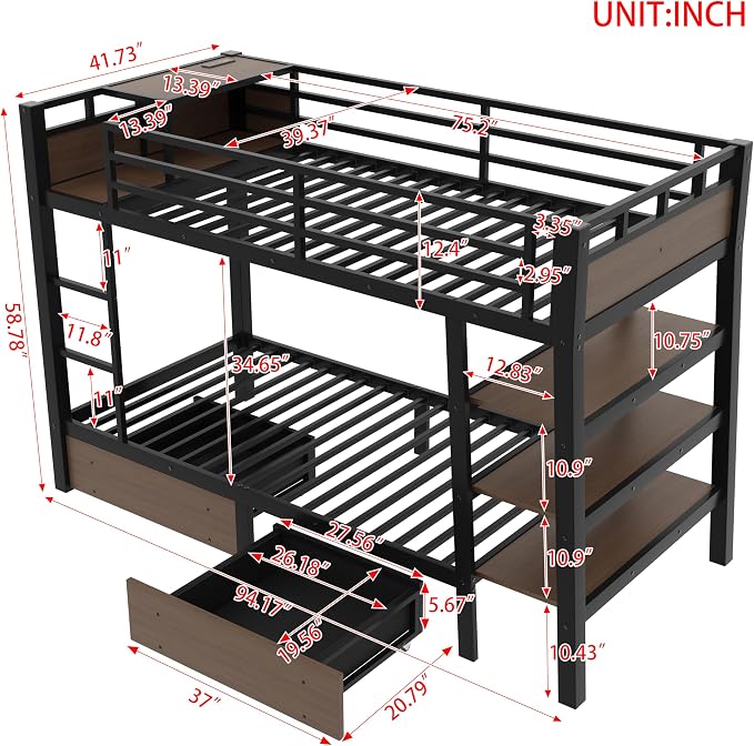 Bellemave Bunk Bed Twin Over Twin，Metal Bunk beds with Storage Shelves, LED Light Strip, and USB Power Strip, Upper Bed with Desk, Black
