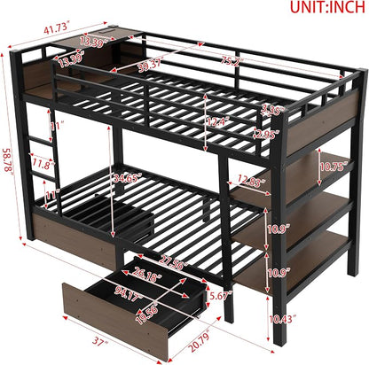 Bellemave Bunk Bed Twin Over Twin，Metal Bunk beds with Storage Shelves, LED Light Strip, and USB Power Strip, Upper Bed with Desk, Black