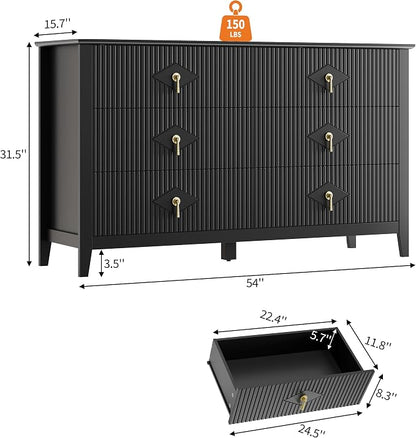 GarveeHome Fluted Dresser for Bedroom, 54 Inch Wide 6-Drawer Wood Dresser, Modern Chest of Drawers, Storage Organizer Cabinet for Living Room, Hallway, Entryway, Black