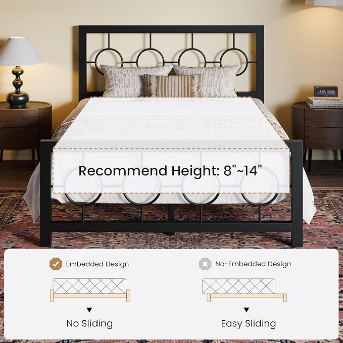 SHA CERLIN Full Size Metal Bed Frame with Vintage Circular Design Headboard and Footboard,No Box Spring Required,Easy Assembly,Noise-Free,Black