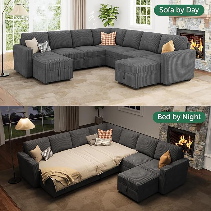 HONBAY Modular Sectional Sleeper Sofa with Pull Out Couch, Corduroy Oversized Sectional Couches Pull Out Bed with U Shaped Sleeper Storage for Living Room - Dark Grey