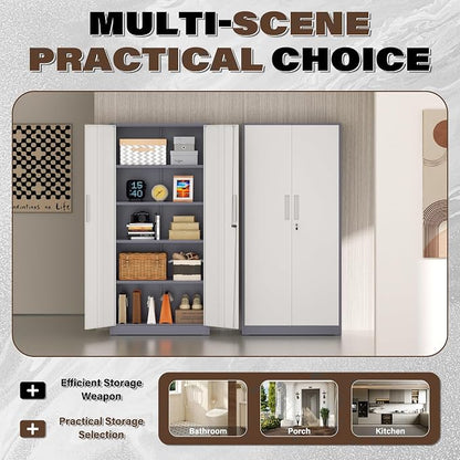 Incbruce 72” Metal Storage Cabinet, Garage Cabinets and Storage System with Doors and Shelves, Tall Lockable Tool Cabinet for Garage, Office, Home (Grey White)
