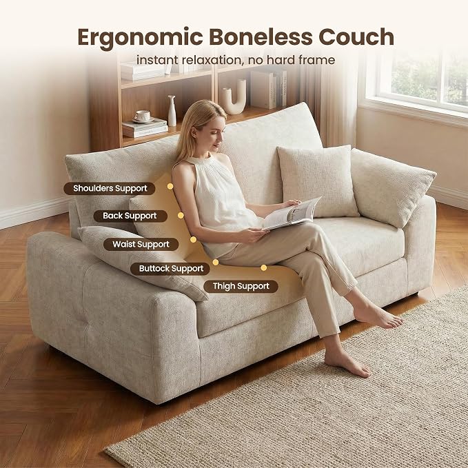 75.6" Boneless Loveseat Sofa, Polyester Fabric 2-Seater Couch with 4 Pillows, No Assembly Required, Soft High Density Foam Cushion, Rectangular Track Arm Sofa for Living Room Bedroom Apartment (Camel)