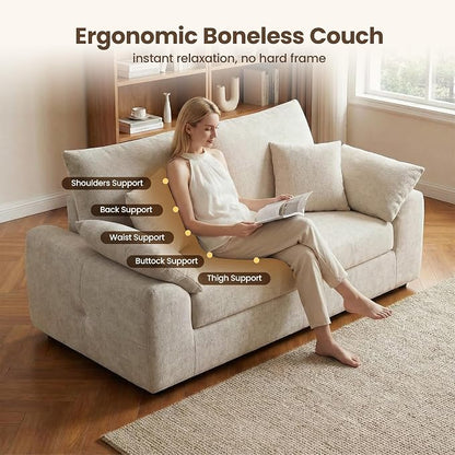75.6" Boneless Loveseat Sofa, Polyester Fabric 2-Seater Couch with 4 Pillows, No Assembly Required, Soft High Density Foam Cushion, Rectangular Track Arm Sofa for Living Room Bedroom Apartment (Camel)