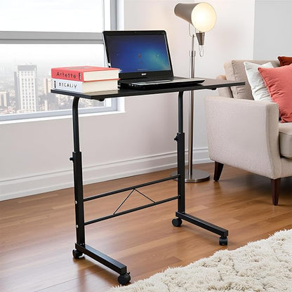 TV Tray Bed Side Table, Portable Rolling Desk Hospital Bed Laptop Table, Small Standing Desk with Wheels Adjustable Height for Sofa, Bedside, Tablet Use, Secure Non Tilt, 31.5" W, Black