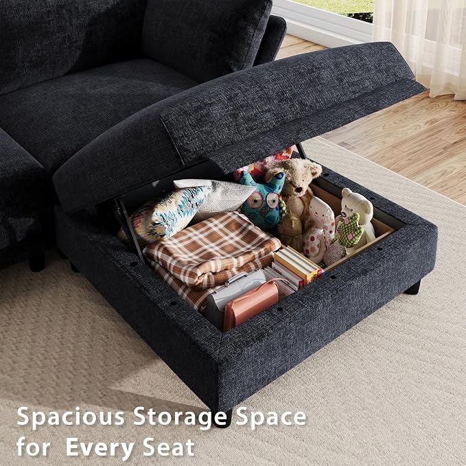 DreamDashio 126" Extra Large Modular Sectional Sofa Cloud Couch with Storage Seat for Living Room with Adjustable Arm, High Back, 4 Seater, L Shaped, Dark Grey Chenille