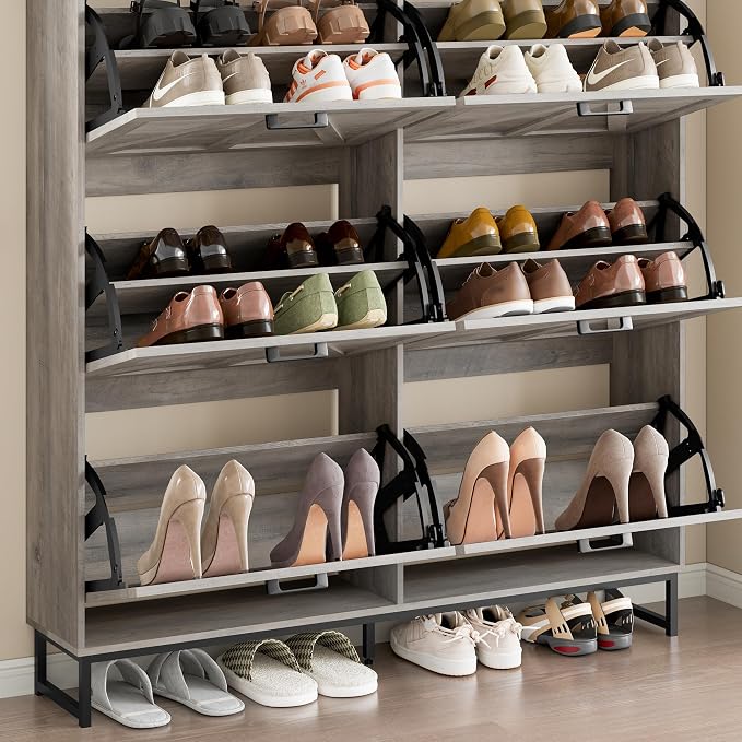 BORNOON Shoe Cabinet with 6 Flip Drawers Narrow Shoe Storage Cabinet Organizer Wooden Freestanding Shoe Rack Hidden Slim Shoes Storage Cabinet for Entryway, Hallway, Living Room, Bedroom